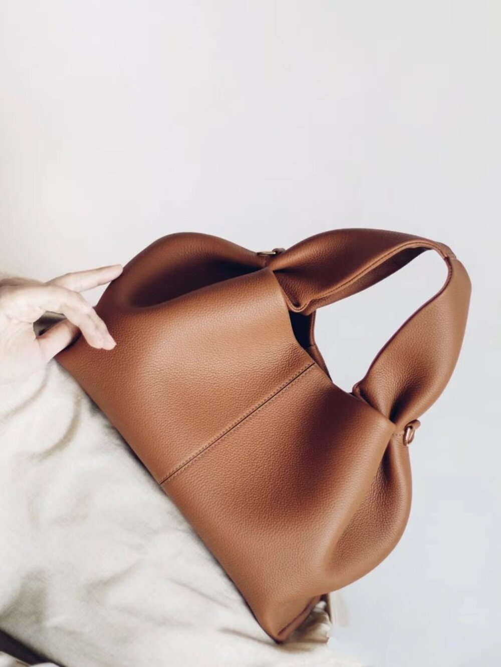 Minimalist Grained Leather Dumpling Bag - Cognac Tan - Quiet Luxury Style
